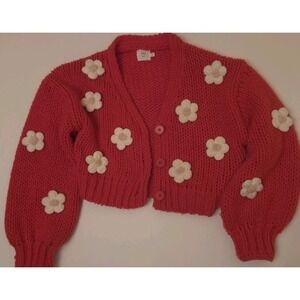 Luna + Ivy Anthropologie Cardigan 3D Flowers Cozy Chunky Crop Red Knit Sz S